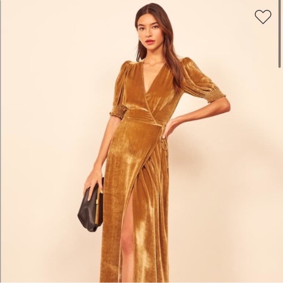 Reformation Dresses & Skirts - NWT Reformation Gold Peonie Maxi Wrap Dress with Puff Sleeves Size XL